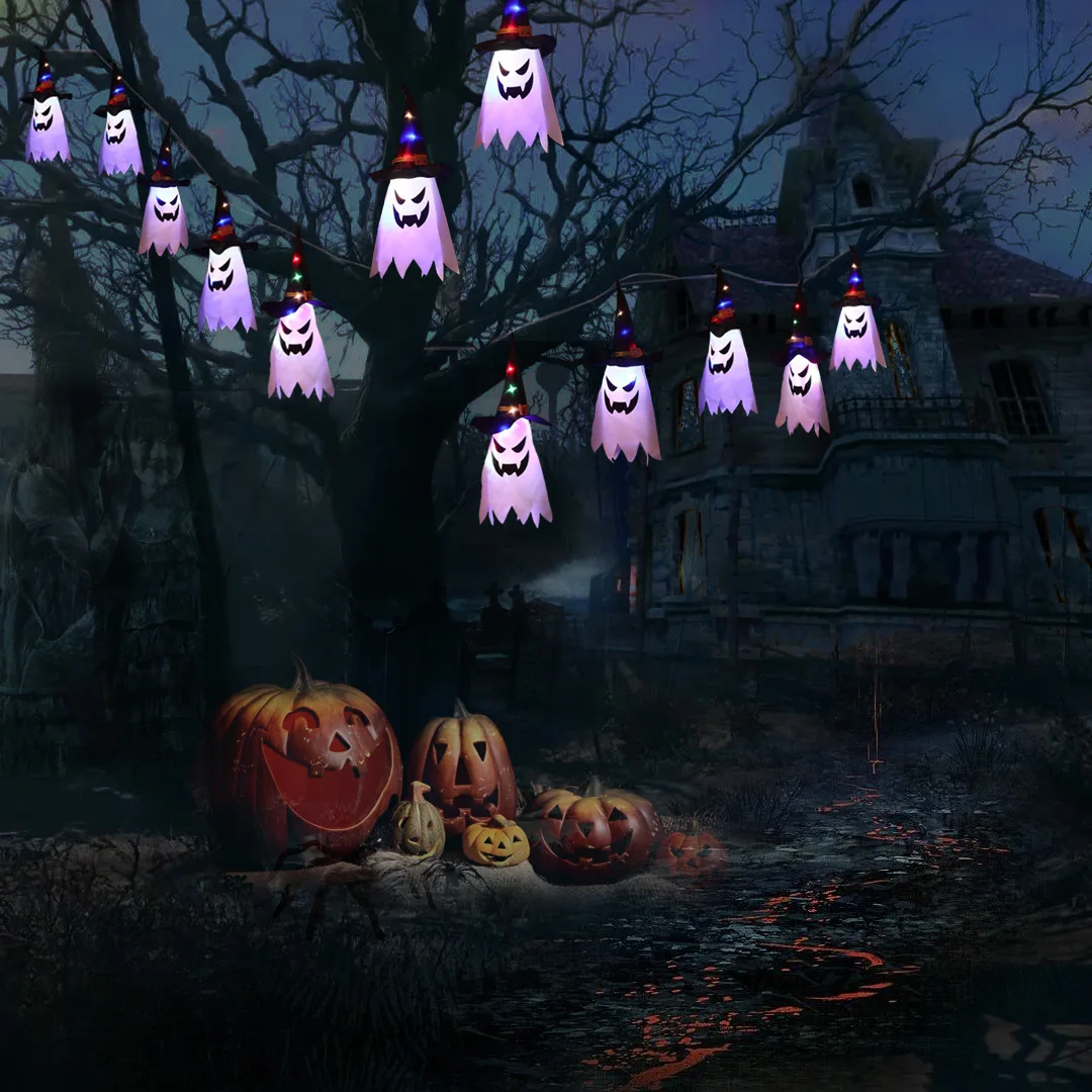 

New product Halloween led light string holiday atmosphere decoration curtain color lamp fabric ghost face ghost decoration lamp