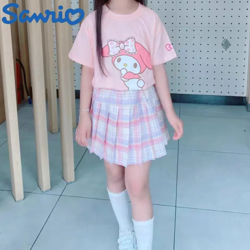 

New Sanrios Cartoon Kawaii Girl White T-shirt Suit Cinnamoroll Cute Summer Short Sleeve College Jk Uniform Skirt Kid Fashionable