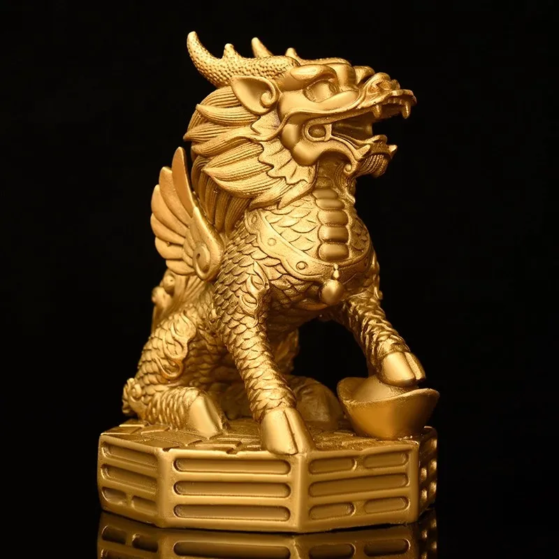Pair of Chinese Qilin Statues (Auspicious Kirin) - Solid Brass Mythical Creature Sculpture with Coin Design, Feng Shui  Decor