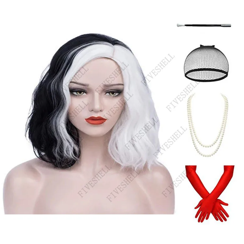 2023 New Cruella Deville De Vil White Black Wig for Deville Hair Short Curly Wavy Heat Resistant Cosplay Costume Halloween Wigs – Detail 1