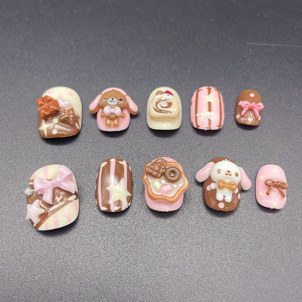 Kawaii Kaninchen-Bär Schokoladencreme Design Press-On Nägel Kurze Runde Form Niedliche Rosa Süße Keks 3D Puppen Cartoon Künstliche Nägel – Detail 15