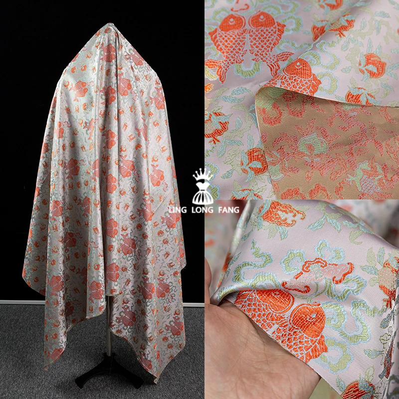 Retro Song Dynasty Brocade Fabric Chinese Style Red Pisces Fish Printing Vest Jacquard, Hanfu Jacquard, DIY Hand-designed Fabric