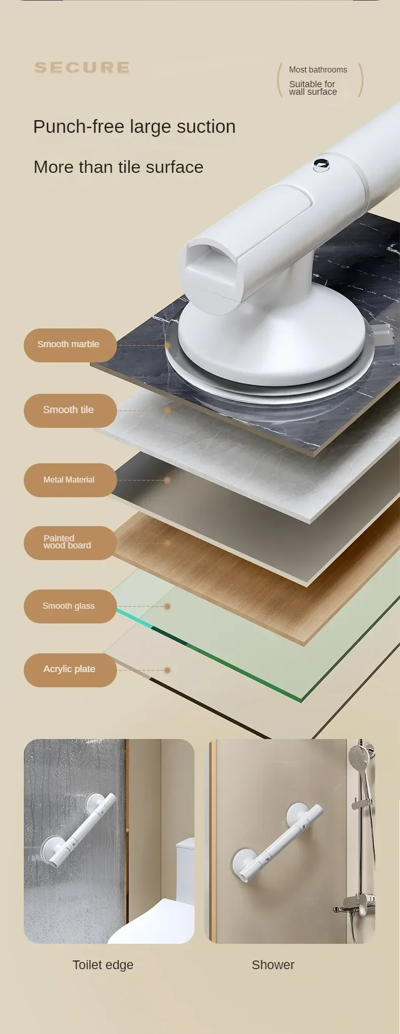 Description Picture 5 of item1PC Safety Helping Handle Anti Slip Support Toilet Bathroom Safe Grab Bar Vacuum Sucker Handrail Household Suction Cup Bath Rail