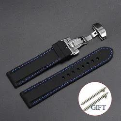 Waterproof Silicone Sport Watch Strap with Quick Release and Butterfly Buckle - 22mm (Black - Blue)