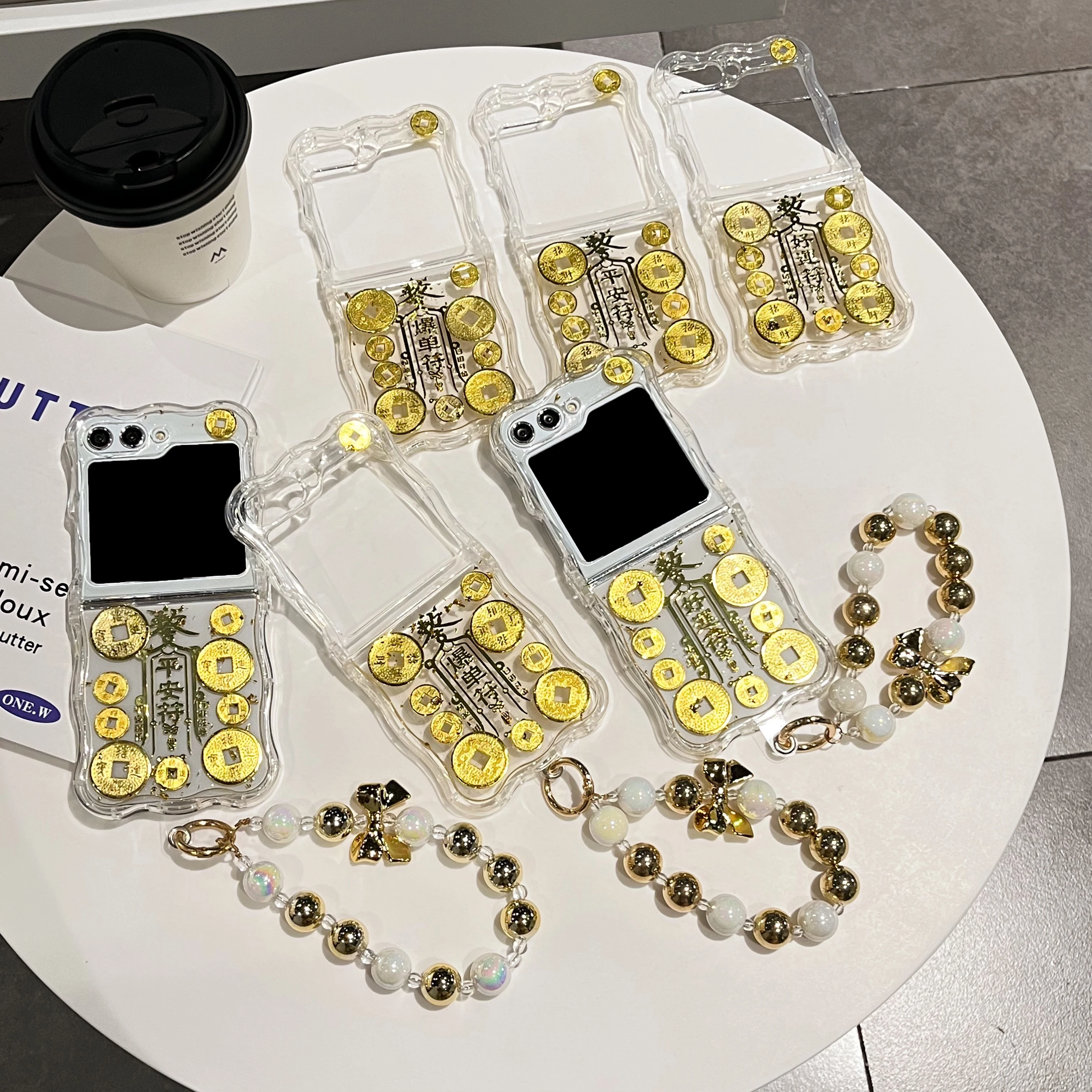 Cinese Gold Coin Safety Good Luck Tag Bracciale Wristband Chain Drop Glue Phone Case Per Samsung Galaxy Z Flip 5 4 3 Cover Posteriore