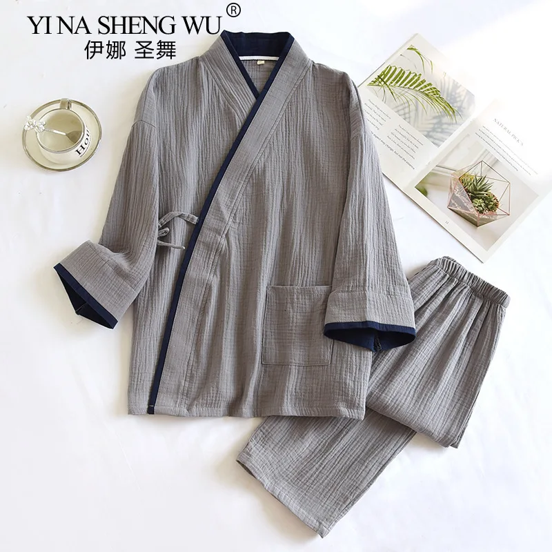 Japanese Style Spring and Autumn Thin Men's Kimono Hanfu Pure Cotton Gauze Pajamas Plus Size Home Steaming Suit