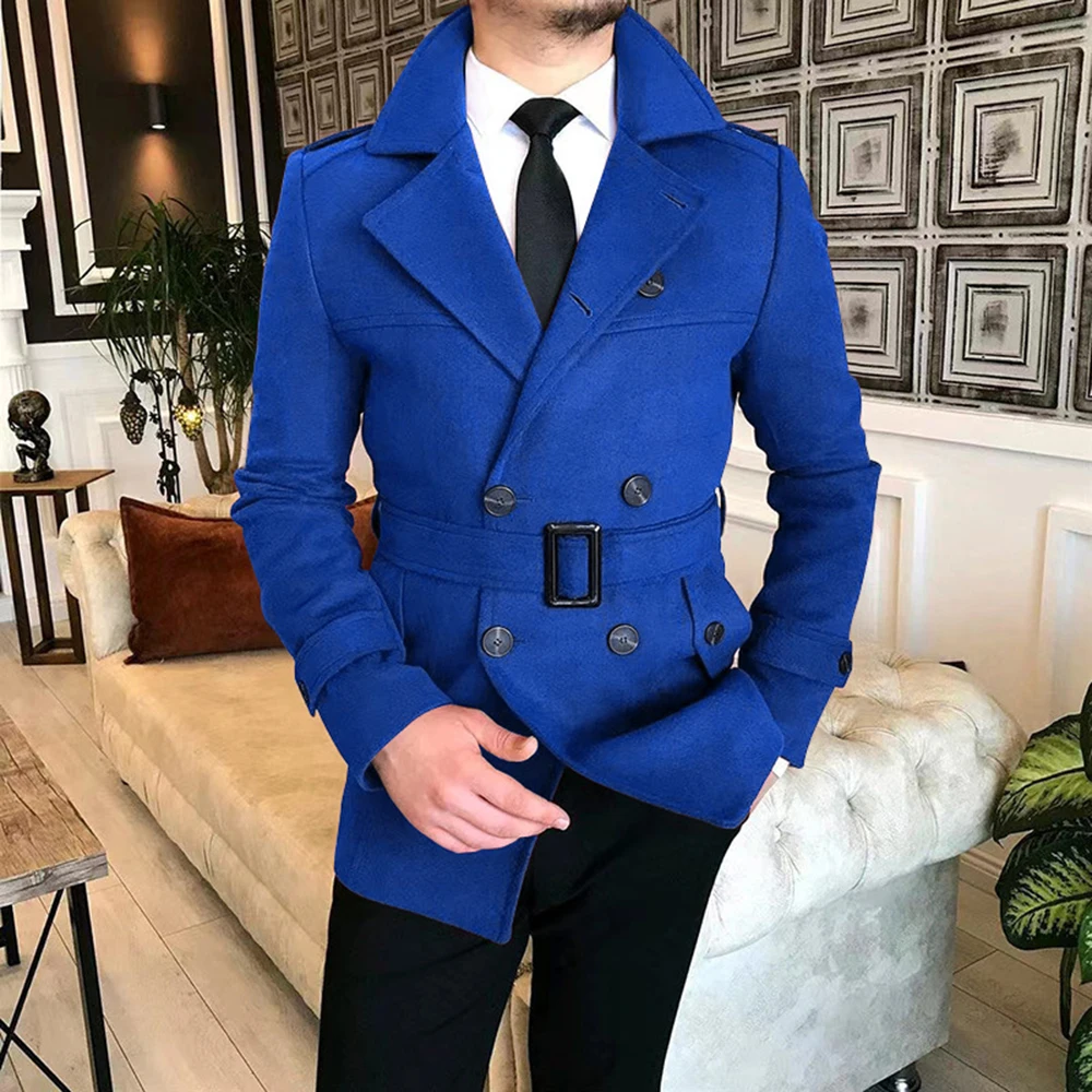 Men\'s Lapel Double-Breasted Casual Woolen Jacket 2024 Autumn With Belt Fashionable British Retro Elegant Solid Color Jacket