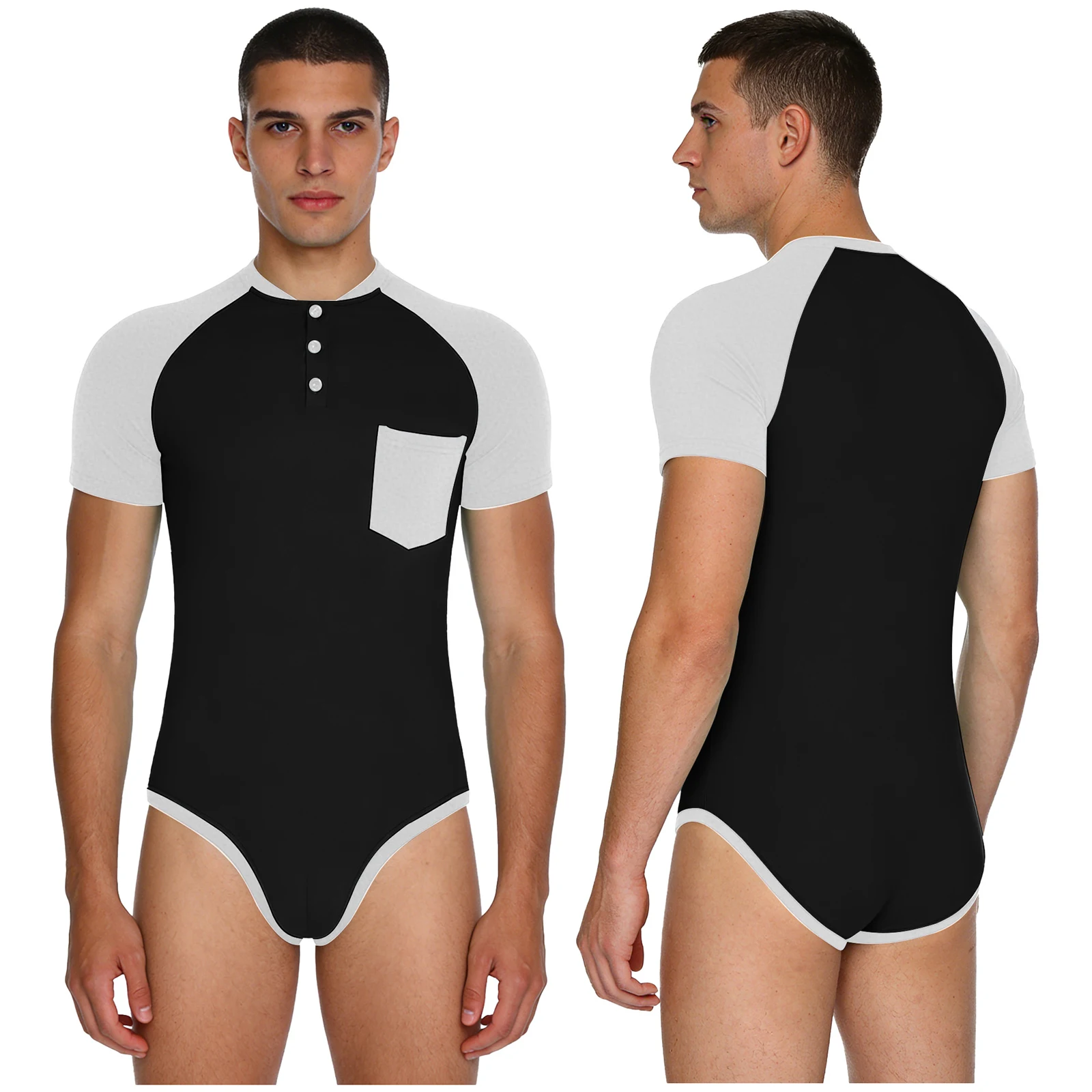 Mens Romper Lingerie Adults Cotton Short Sleeve Press Button Crotch Shirts Bodysuit Diaper Teddy Pajamas Nightwear Tops Unitard