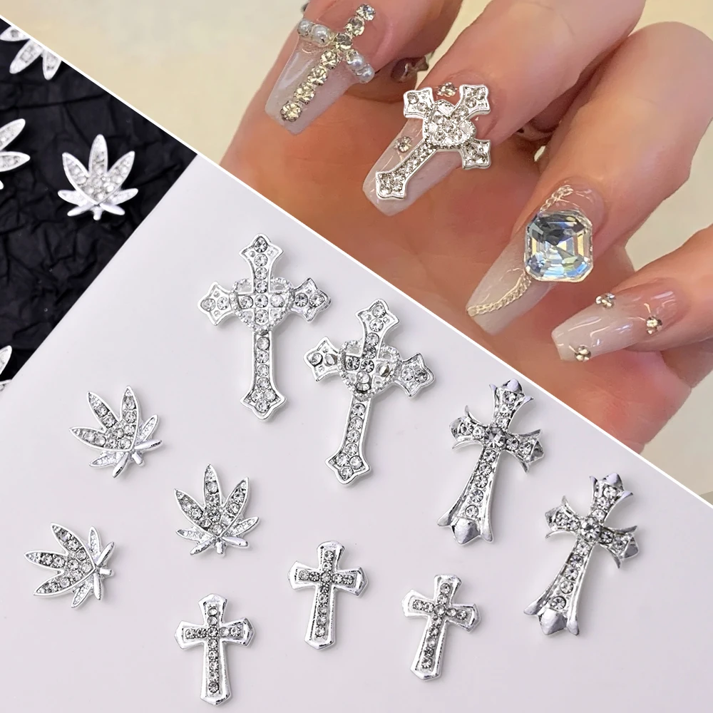 10pcs/lot Luxury Silver Cross Crucifix Nail Art Charm Parts Alloy Rhinestone Crystal Manicure Nail Accesorio Supplies Decoration 4