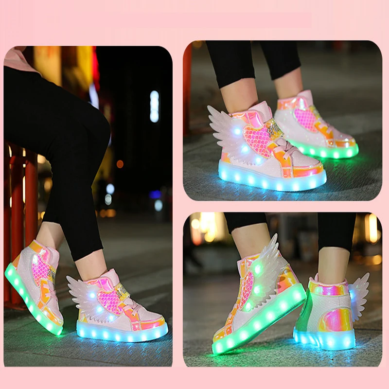 Kids Sneakers USB Charging LED Luminous Shoes Flat Wing Skateboard Shoes Light Up Girls Casual Board Shoes Children Sports Shoes