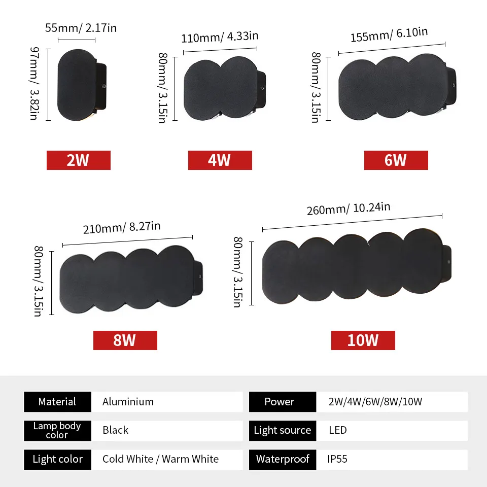 Aluminium LED Wall Light Outdoor Indoor 4W 6W 8W 10W AC85-265V Up Down White Black Modern Light For Home Garden Bedroom Corridor