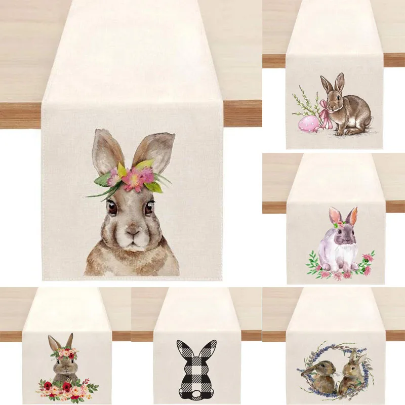 

Popular linen Easter bunny flower cow printed table runner flag kitchen dining coffee tablecloth party table cover home decor