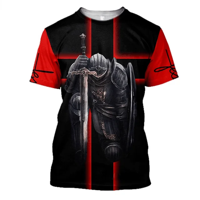 Summer Men's Fashion Street Versatile Top 3D Knights Templar Print T-Shirt Casual Round Neck Fitness Shirt S2047