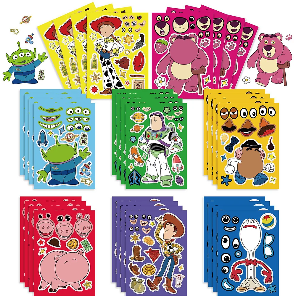 8/16Sheets Disney Anime Toy Story Make a Face Puzzle Stickers Books Cartoon DIY Toys Assemble Jigsaw Kids Educational Sticker