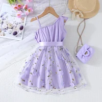 Robes pour filles style anglais, à bretelles asymétriques à volants, jupe trapèze, vêtements d'été tendance pour enfants, pour fêtes 3
