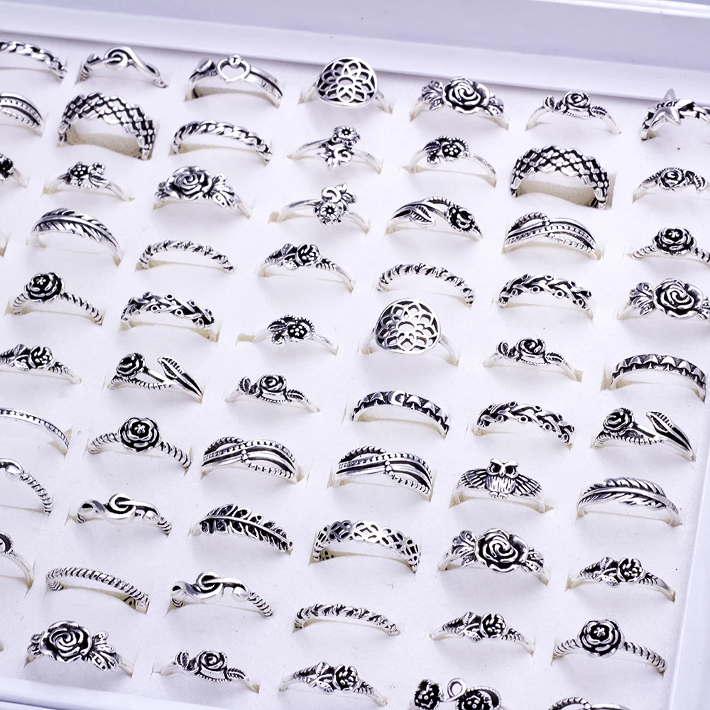 100 Pcs/Lot Vintage Bohemia Carved Flower Geometric Rings for Women Mix Style Antique Silvery Ethnic Jewelry Party Gift Wholesal