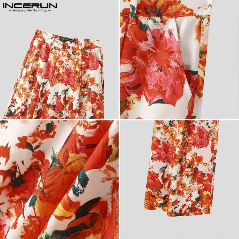 INCERUN-Pantalones largos de estilo americano para hombre, pantalón de cintura alta con estampado Floral, informal, de pierna ancha, S-5XL, 2024