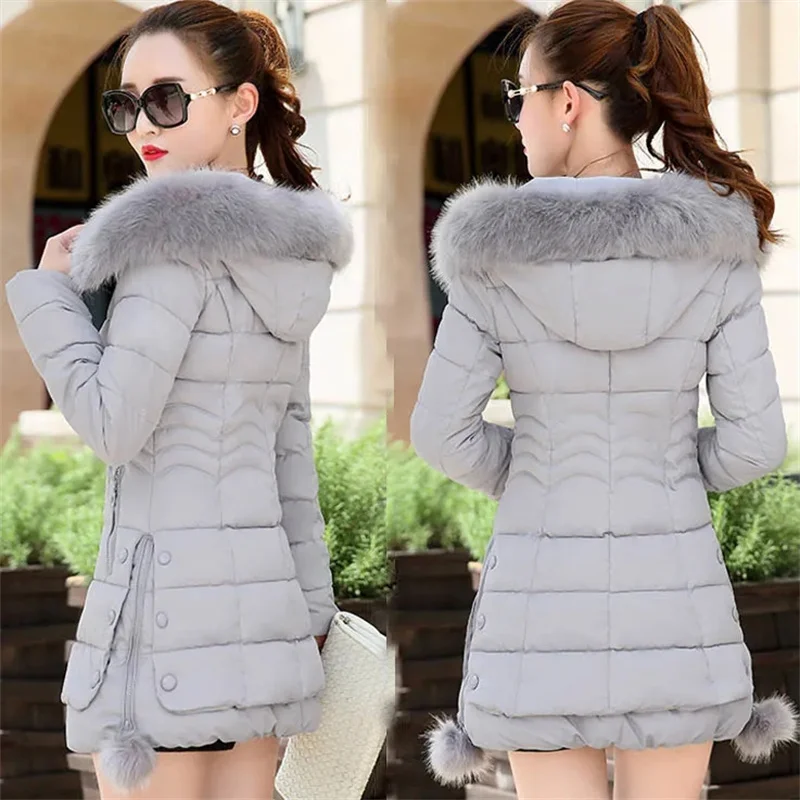 Chaqueta acolchada de algodón para mujer, abrigo largo de algodón con cuello de lana grande grueso para otoño e invierno, abrigo acolchado de algodón ajustado coreano 2023