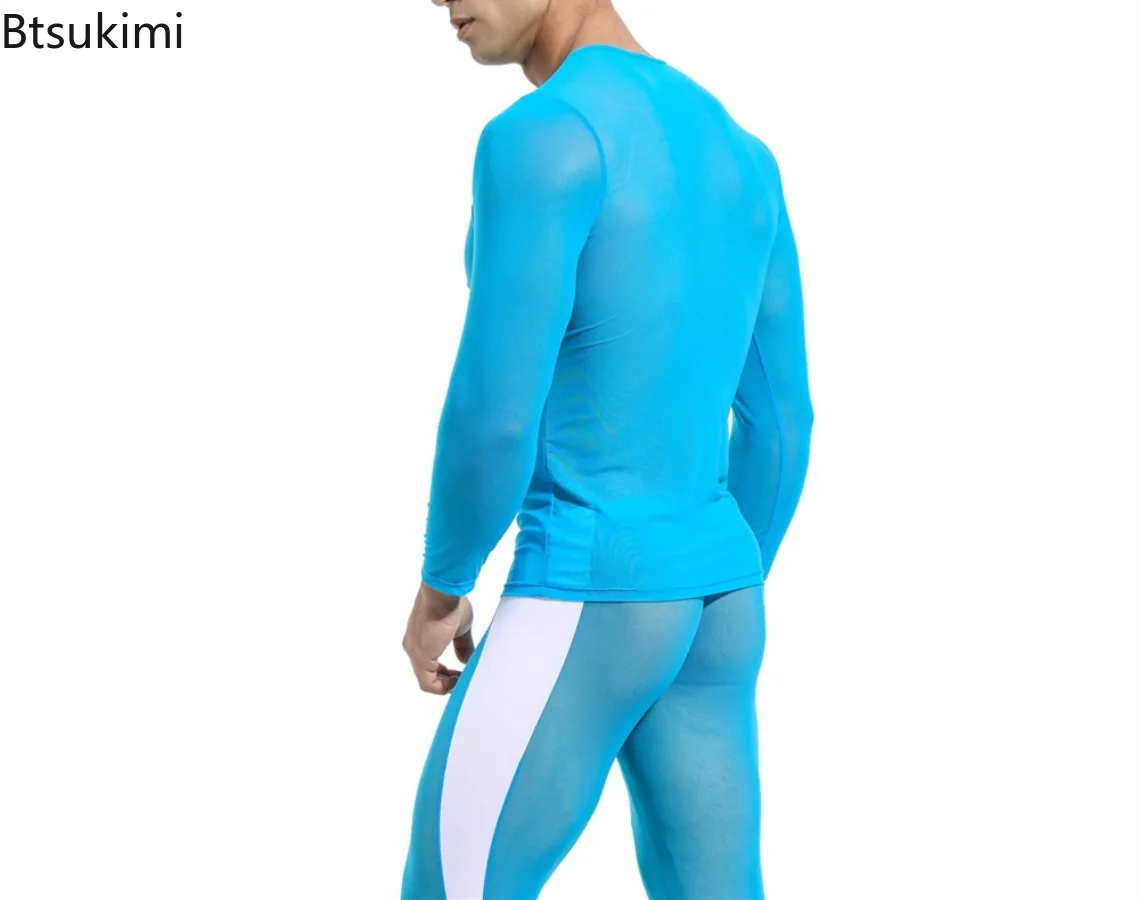 T-shirt da uomo sexy in rete 2026, elasticizzate, trasparenti a manica lunga, top sportivi da uomo, maglie a compressione per fitness, abbigliamento da palestra trasparente - immagine 2