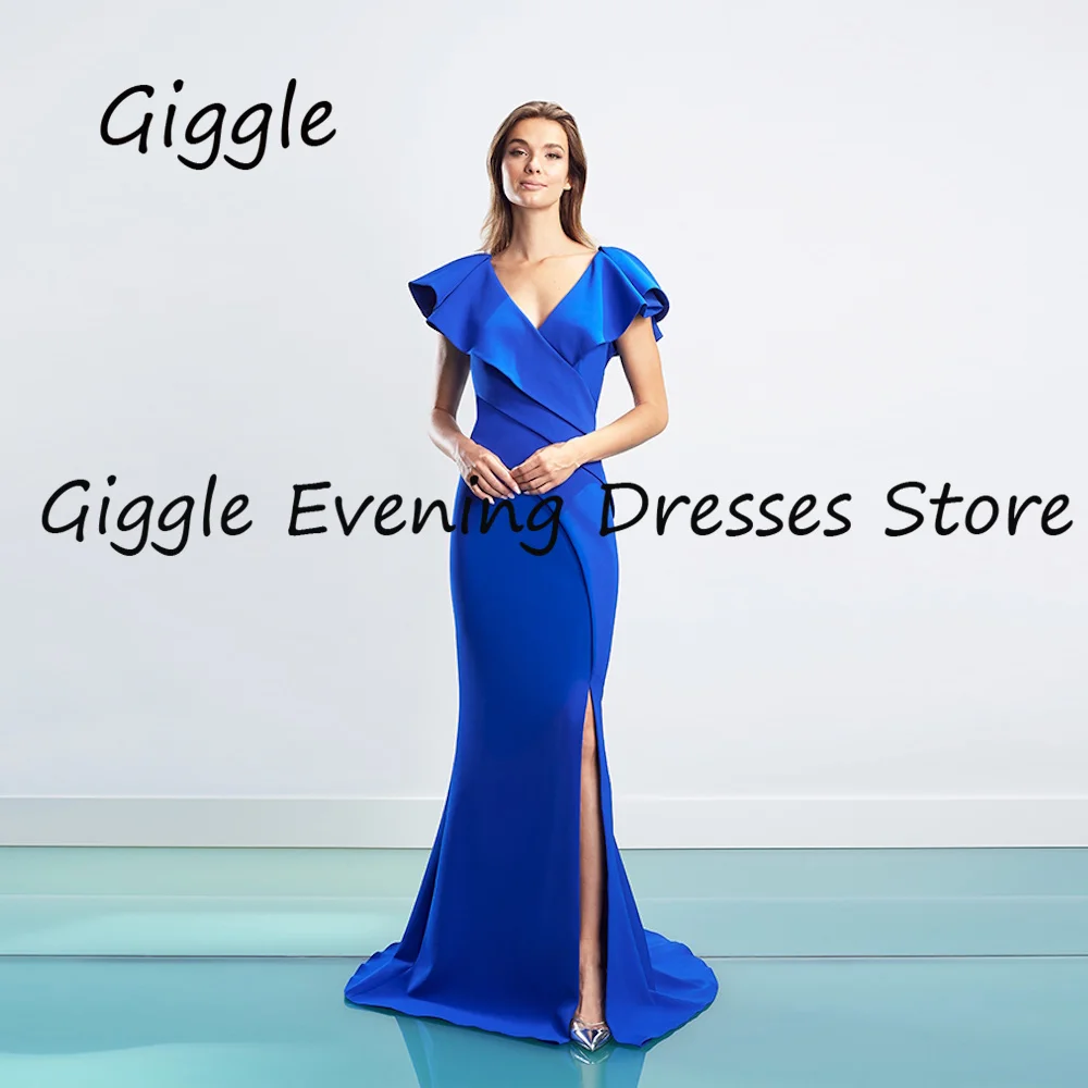 

Giggle Satin Mermaid V-neck Ruffle Formal Elegant Prom Gown Floor Length luxury Evening Party Dresses for Women 2023