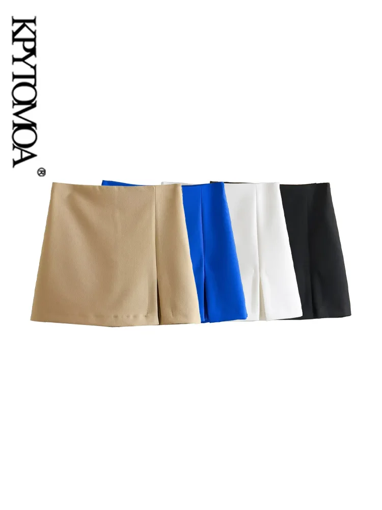 

KPYTOMOA Women Fashion Front Slit Shorts Skirts Vintage High Waist Side Zipper Female Skort Mujer
