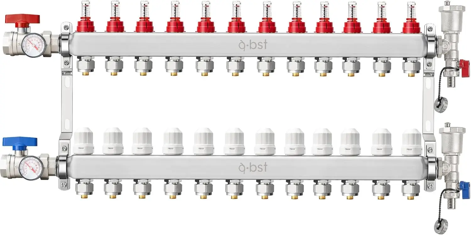 12-Branch Manifold, Stainless Steel Floor Heat Manifold Kit with 1/2" Adapters Included