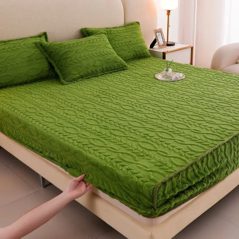 WOSTAR Soft warm coral fleece fitted sheet elastic mattress cover winter plush bed linen 2people luxury double bed king size 150 2