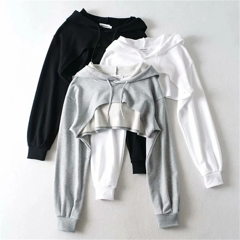 

Women Short Hoodies Sweatshirts Fashion Navel Pullover Solid Long-sleeved Loose Top
