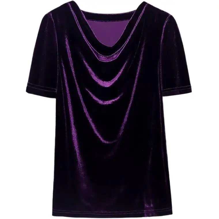 

Korean styel women Summer short sleeve velour tshirts vintage elegant streetwear velvet shirt tops black blue