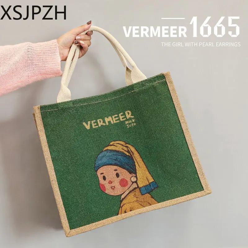 

2023 New Eco Friendly Jute Handbag with Large Capacity for A4 Paper Stylish Linen Shopping Bag for Girls