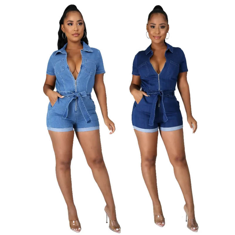 

Denim Jean Sexy Zipper Jumpsuit Fashion Bodycon Bodysuits Shirt Top Playsuit Overalls One Piece Romper Women Summer Clothes
