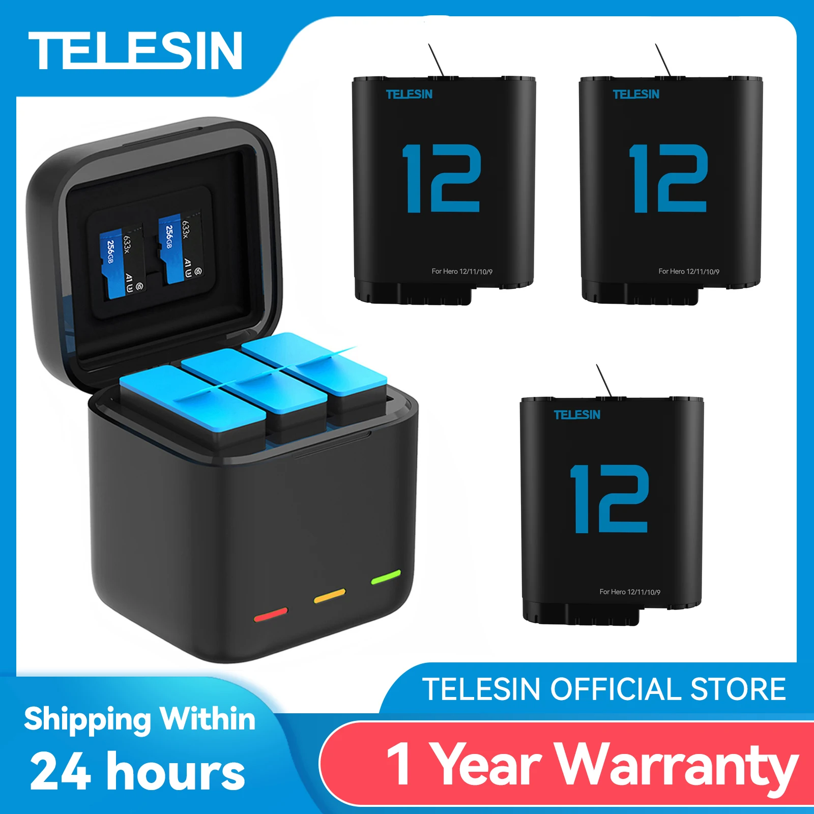 TELESIN バッテリー GoPro ヒーロー 12 11 10 9 1750 mAh バッテリー 3 