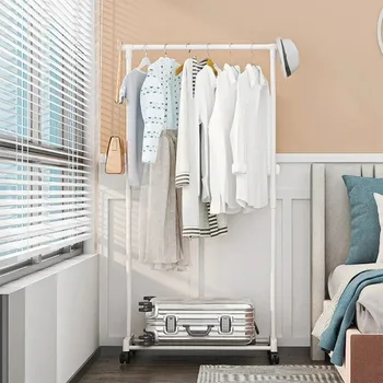 Appendiabiti mobile Scaffale per indumenti con asta rotante Appendiabiti in metallo con ruote Stendino singolo e doppio palo integrato per camera da letto 1