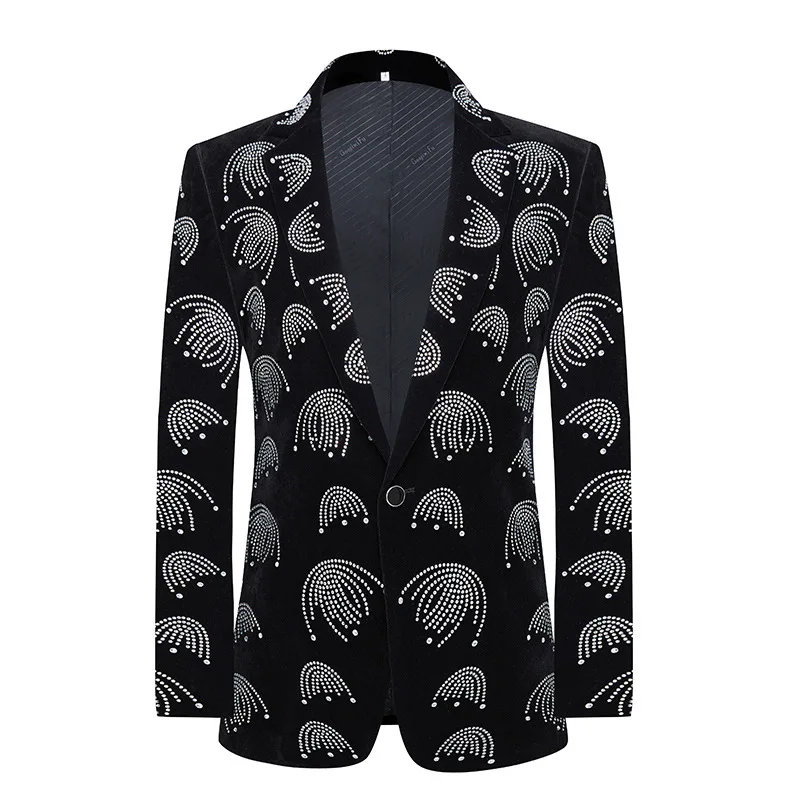 

Mens Black Velvet One Button Suit Jacket Luxury Glitter Diamond Tuxedo Blazer Men Dinner Part Wedding Stage Singer Costume Homme