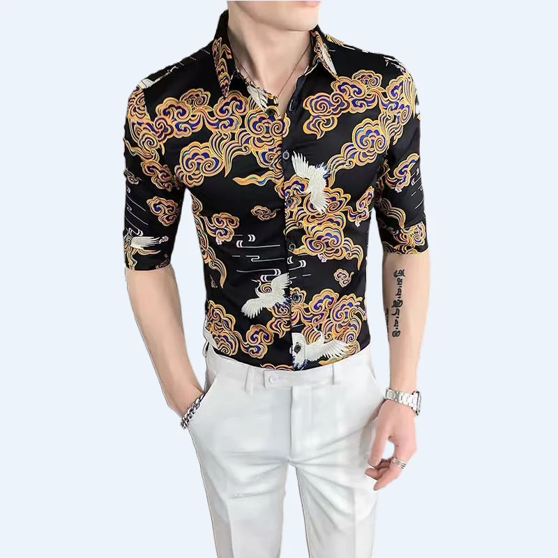 

Men's Summer Short-sleeved Shirt Slim-fit Flying Crane Printed Shirts High Quality Handsome Seven-sleeved Korean Casual Top