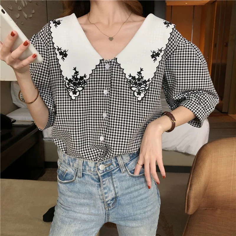 M-4XL Large Size Retro Plaid Shirts Summer Oversize Women's Clothing Loose Puff Sleeve Embroidery Peter Pan Collar Blouses Tops