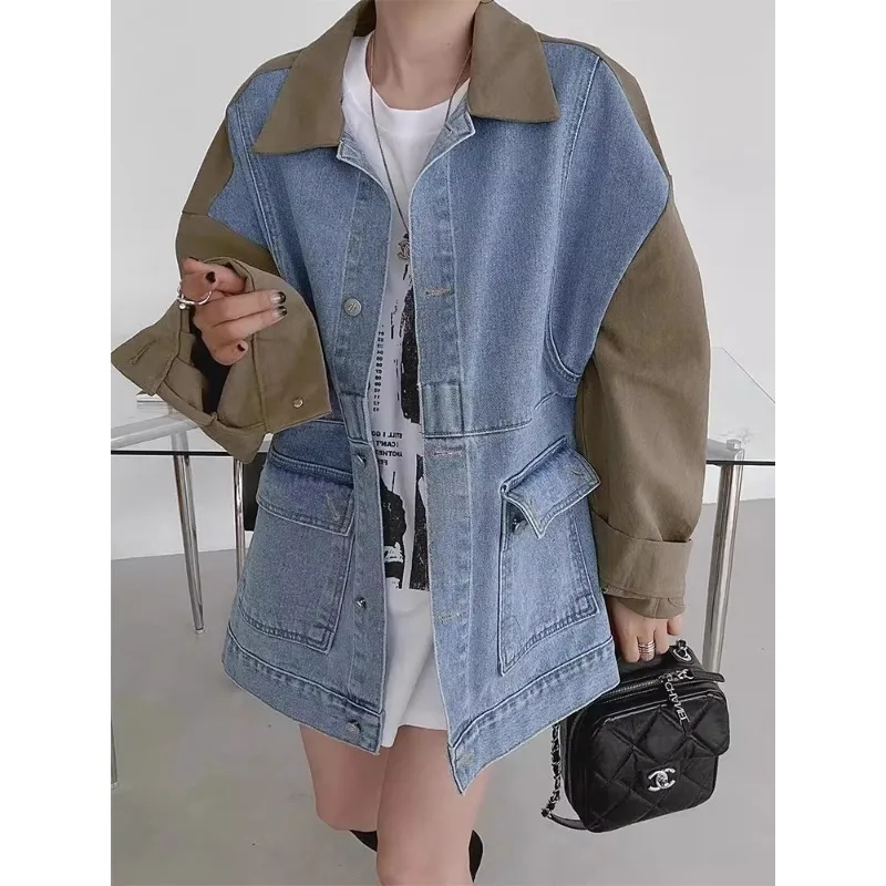 

VANOVICH Korean Style Spring Retro Temperament Polo Collar Denim Stitching Contrast Color Design Loose Casual Long-sleeved Coat