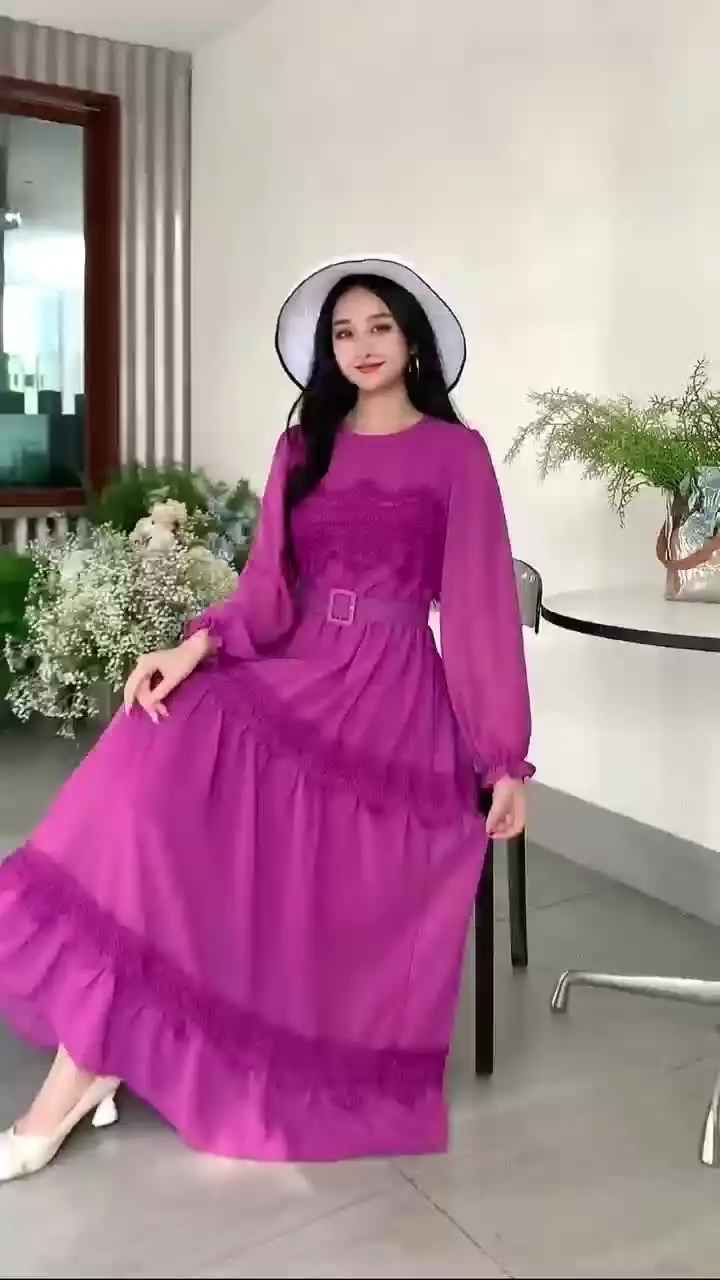 Unveil Elegance: 2024 Spring-Autumn O-Neck Long Dress With Lace & Chiffon