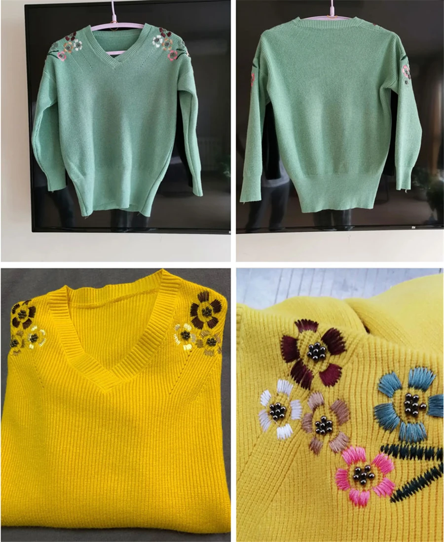 Slim V-Neck Flower Embroidery knitted Pullovers For Women Fashion spring Elastic Sweaters Large Size Casual Knitwear Tops Femme