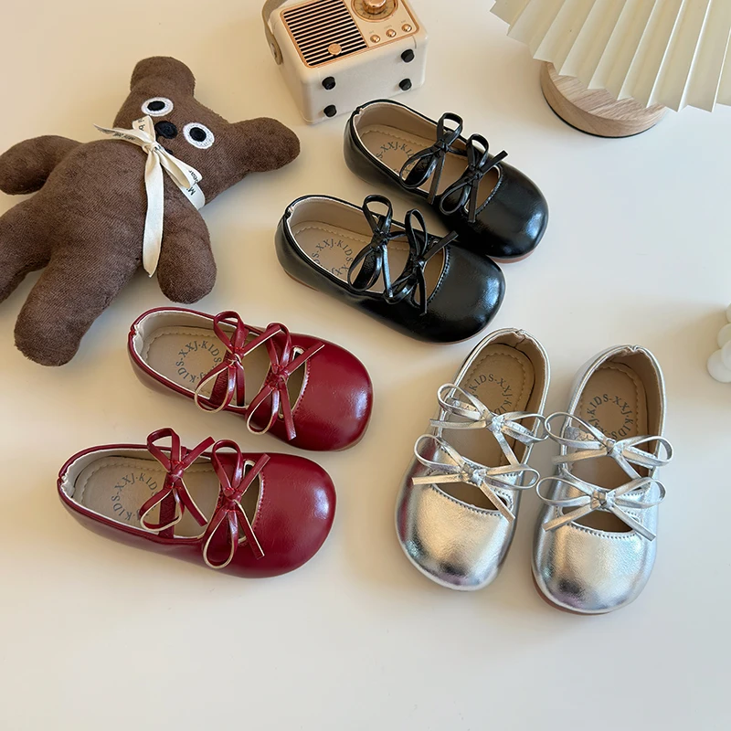 Girls Leather Shoe for Party Wedding Classic Children Flats Princess Shoes with Bow-knot Fashion Kids Black Ballet Shoes leather shoes,girls shoes,girls flats