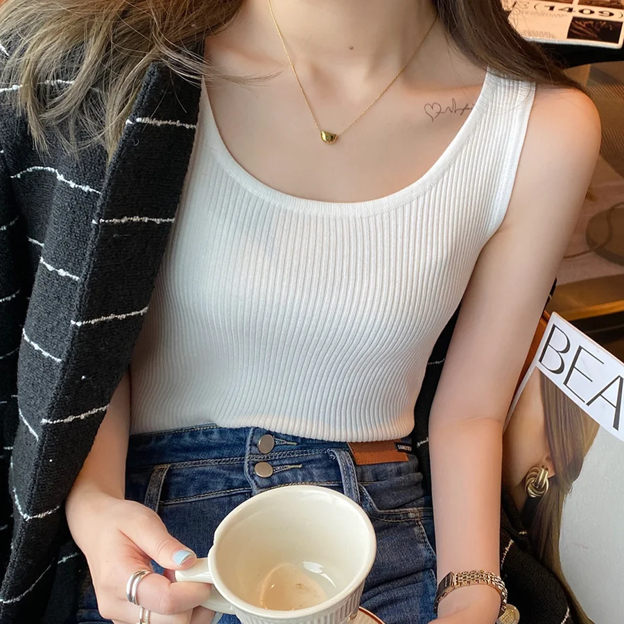 

Round Neck Knitted Sleeveless Top Sexy Slim Camisole Streetwear Elastic Knit Vest Casual Tank Tops T-Shirts Women Clothing
