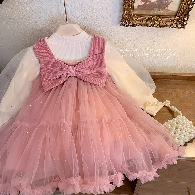 

Girls Sets Birthday Princess Dress Solid Lace Sundress and Long Sleeve O-neck T-shirt Two-piece Set Kids Party Dresses 1-10 Y