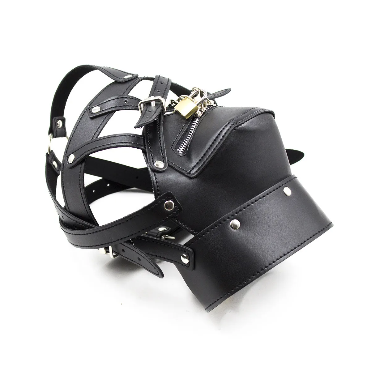 Cagoule en cuir bdsm avec cadenas pour jeux de bondage_voghion.com