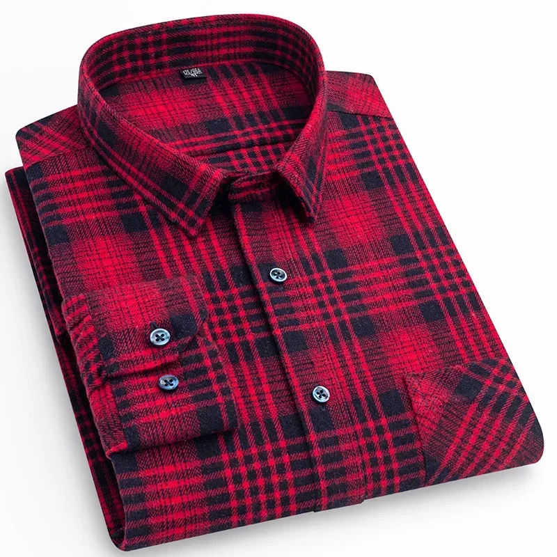 

Mens 100% Cotton Washed Brushed Plaid Long Sleeve Shirts Single Pocket Comfortable Casual Fashion Standard Fit Button Down Shirt