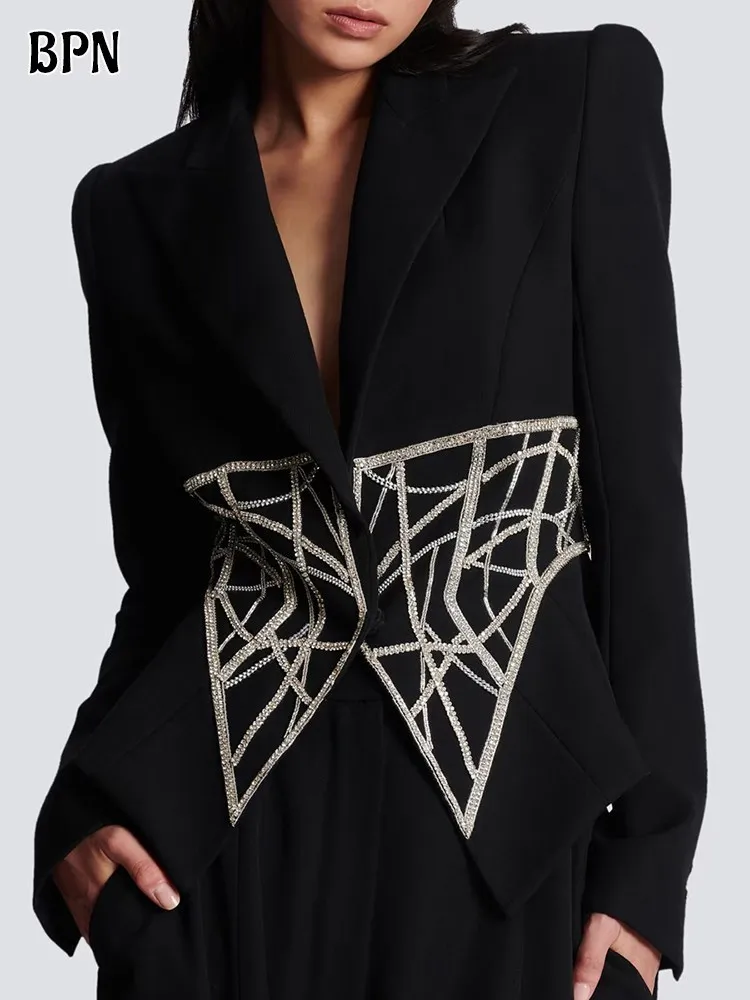 

BPN Solid Patchwork Diamonds Blazers For Women Notched Collar Long Sleeve Spliced Single Button Casual Blazer Female Fashion New
