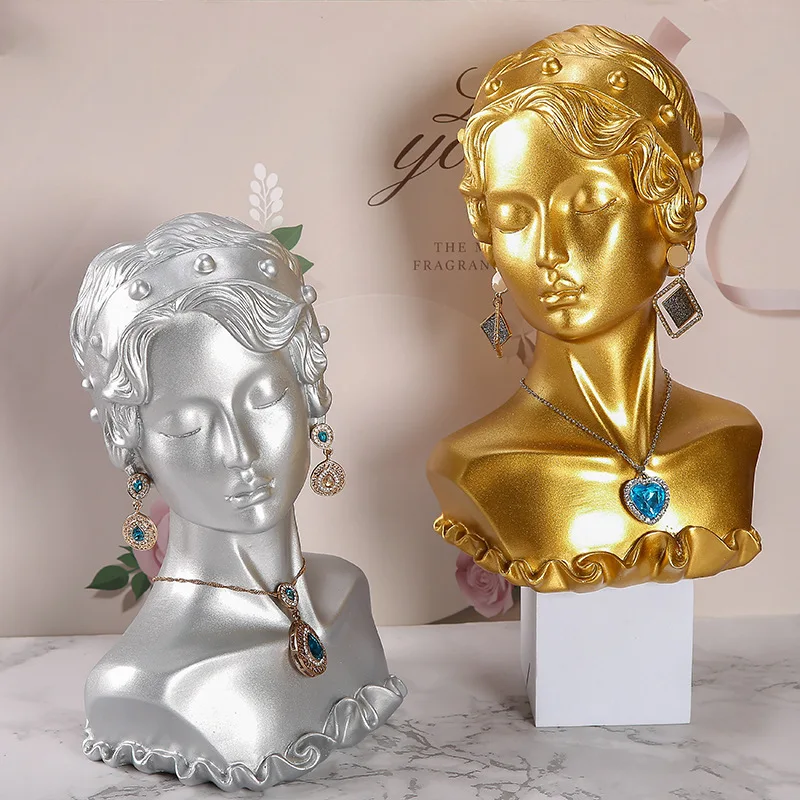 New Resin Necklace Earrings Holder Mannequin Bust Stand Model Shop Jewelry Display Organizer For Young Lady's Head