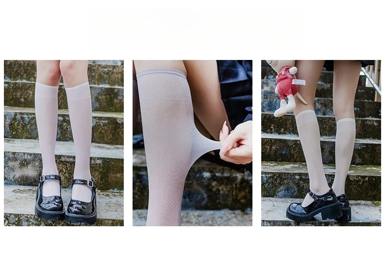 Süße Gothic-Netzsocken, kniehohe, transparente Nylonstrümpfe, Sommer-Dessous-inspirierte Beinwäsche in Weiß, Schwarz, Braun – Detail 2