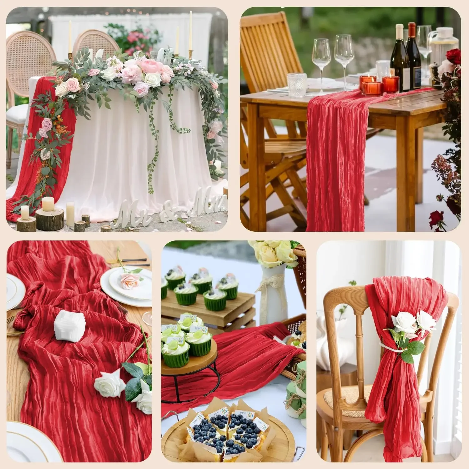 1.8/3/4M Christmas Red Table Runner Polyester Cheesecloth Valentine Long Decorations Wedding Party Banquets Bridal Baby Shower 6