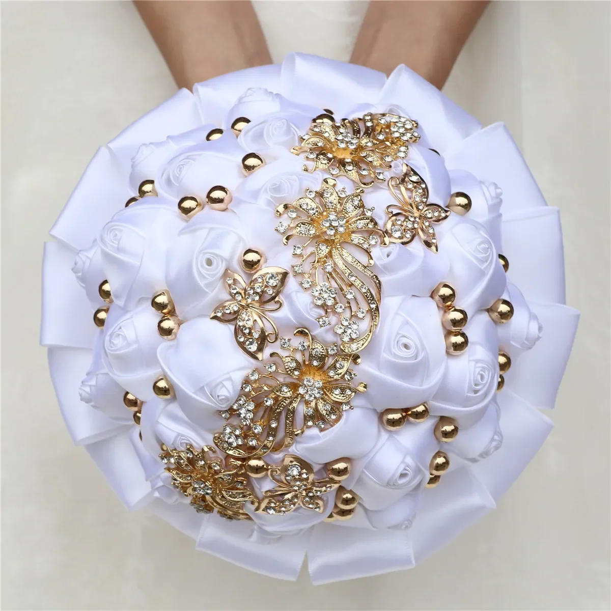 Wedding Bouquet Handheld Bridal Flowers Satin Ribbon Rose Gold Rhinestone Chinese Wedding Flowers Bridesmaid Bouquet