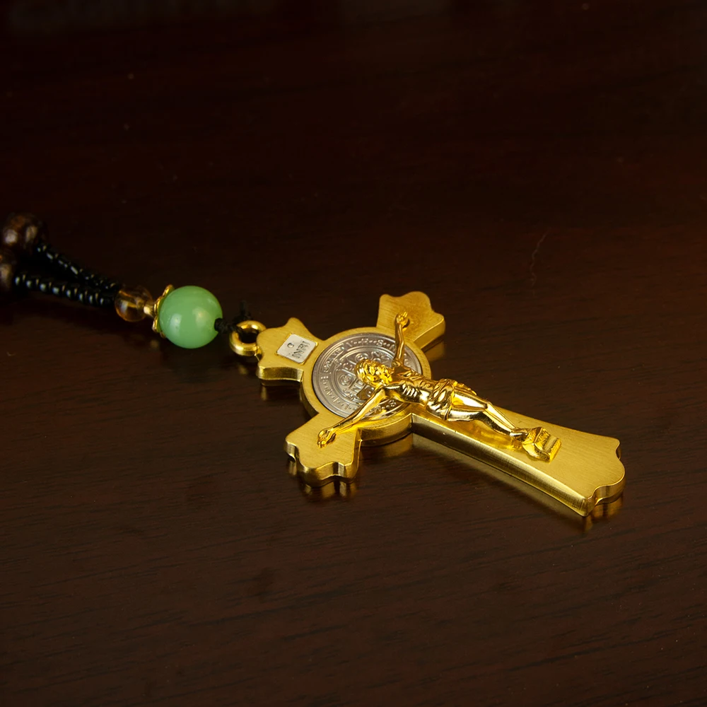 HTISOK Orthodoxe Kreuz-Halskette mit Holzperlenkette, Kruzifix, goldener Holz-Rosenkranz, Perlenkette, religiöser Jesus-Gebetsschmuck – Detail 6
